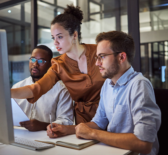 team of people looking at computer monitor